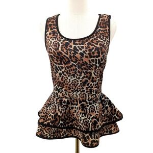 Leopard print peplum tank top ruffle hem fitted animal print blouse L
